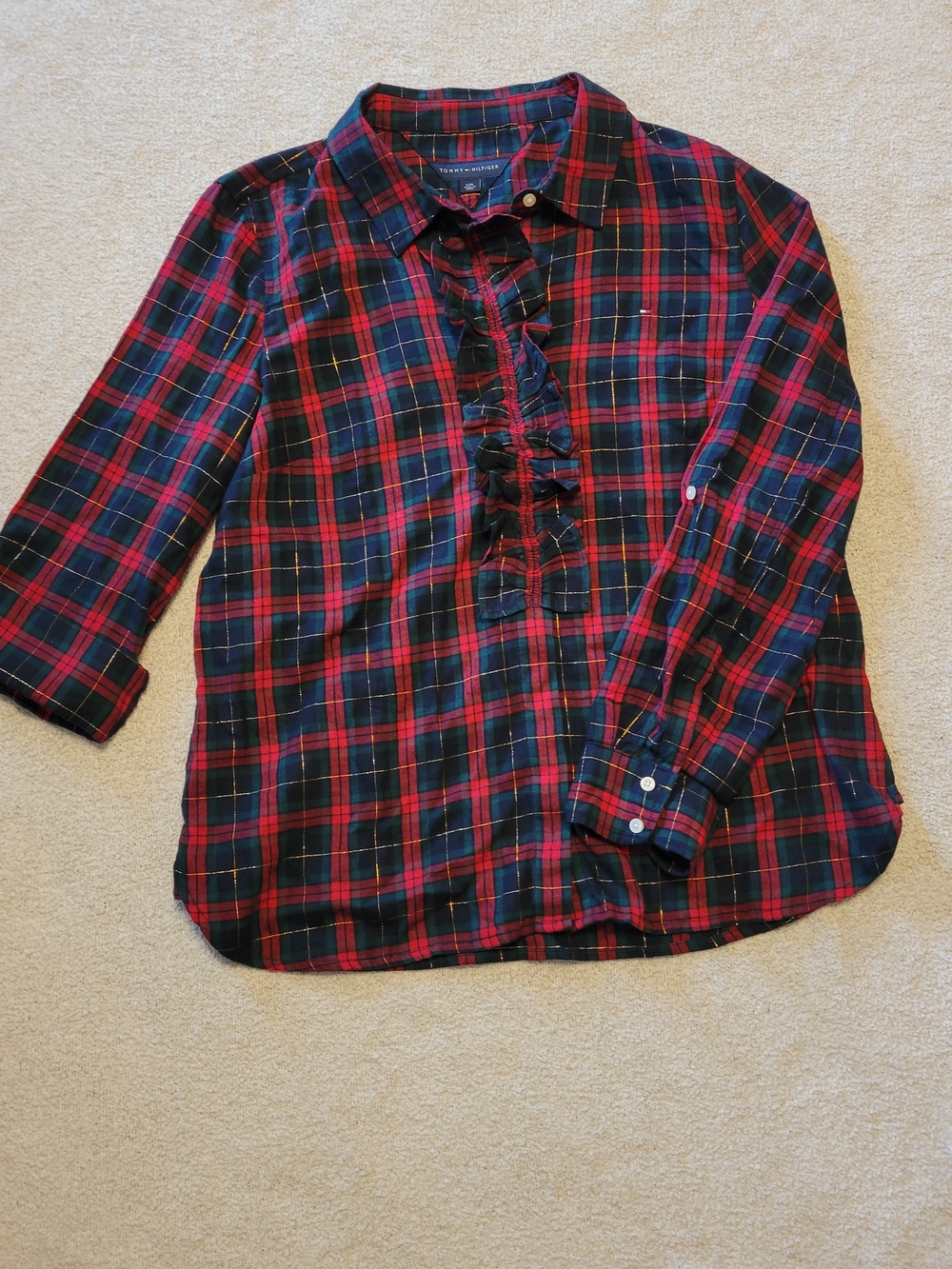 Tommy Hilfiger Red & Navy Plaid Ruffle-Front Button-Down Shirt Women's L
